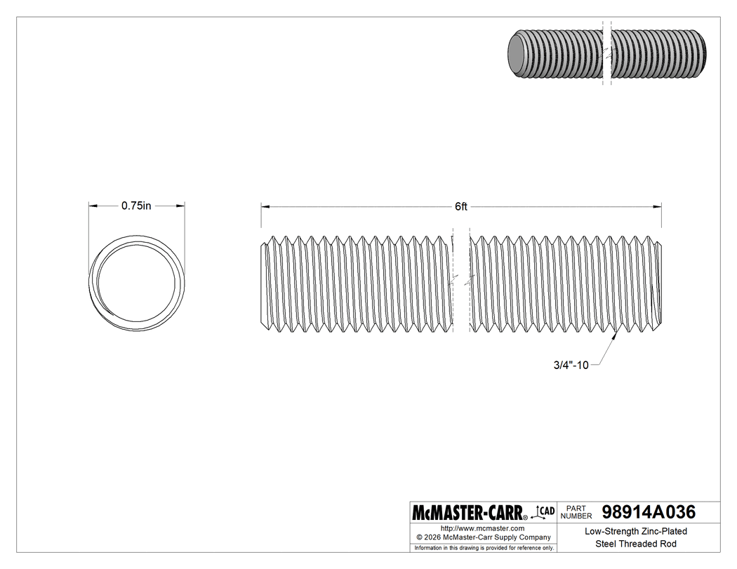 Technical Drawing of Low-Strength Zinc-Plated Steel Threaded Rod, 3/4"-10 Thread Size, 6 Feet Long.